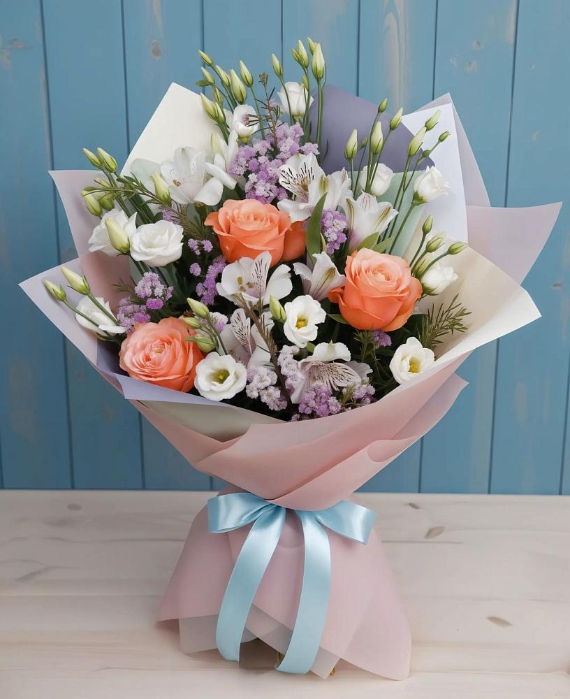 Букет цветов из: Лизиантусы, Розы, Альстромерии и Гипсофила в Ветлуге