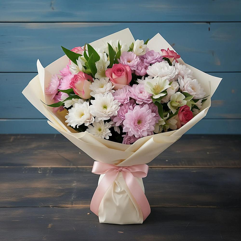 Букет цветов из: Хризантемы, Альстромерии и Розы в Ветлуге